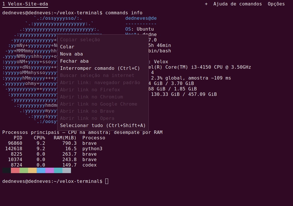 Menu de clique direito — captura real do Velox 0.3.3