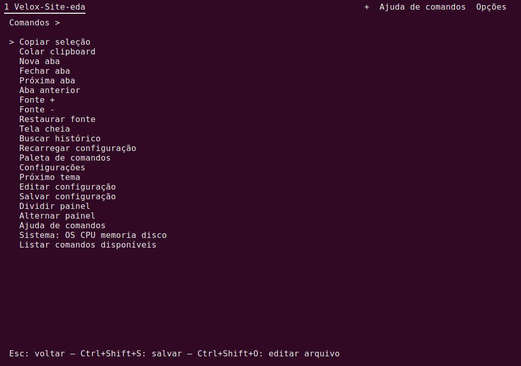 Paleta de comandos — captura real do Velox 0.3.3