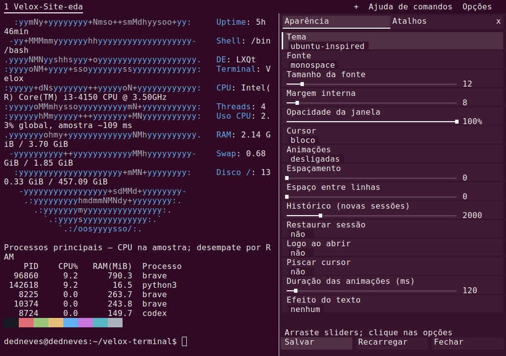 Configurações integradas — captura real do Velox 0.3.3