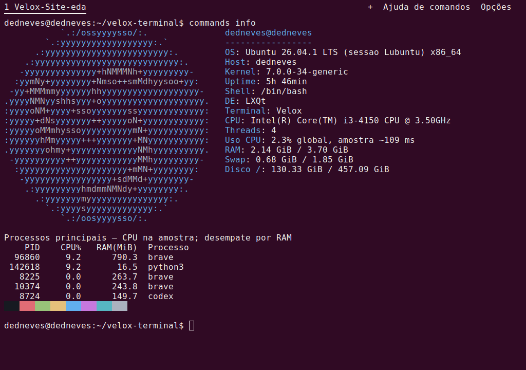 Terminal e informações do sistema — captura real do Velox 0.3.3
